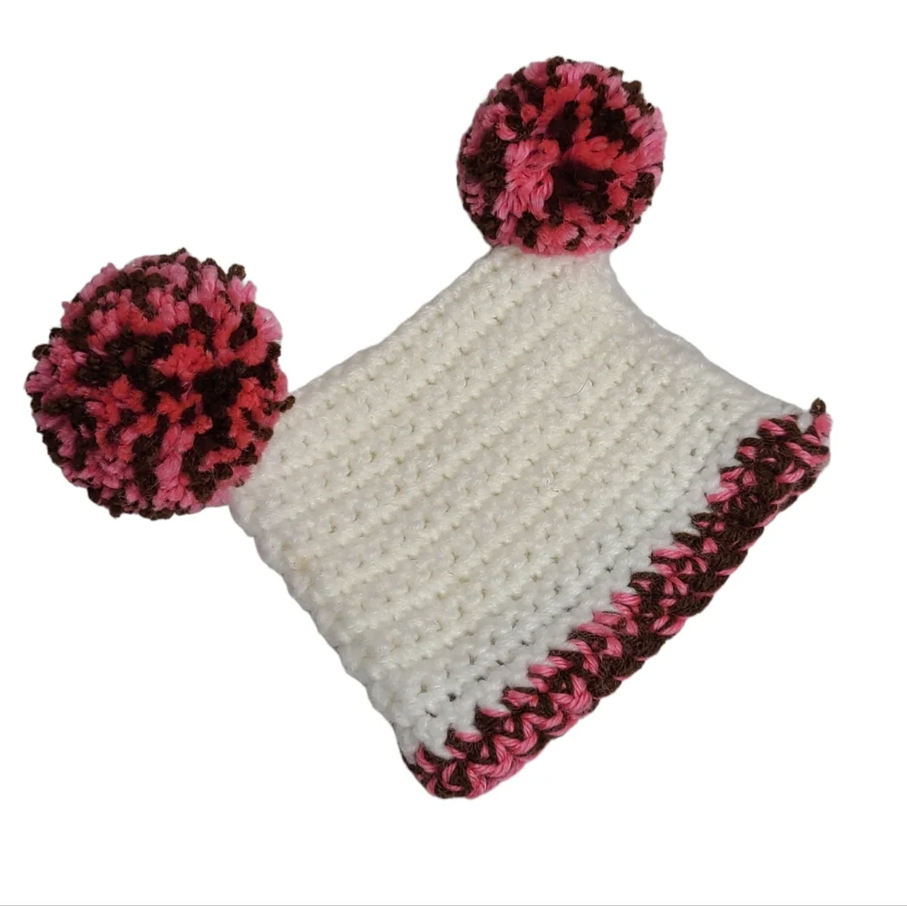 Handmade Knit Toddler Baby Girl Pom Pom Hat Pink White New One Size